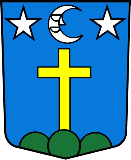 In Blau, auf grünem Dreiberg, ein goldenes Hochkreuz, überhöht von einem gestürzten gebildeten silbernen Halbmond zwischen 2 fünfstrahligen silbernen Sternen